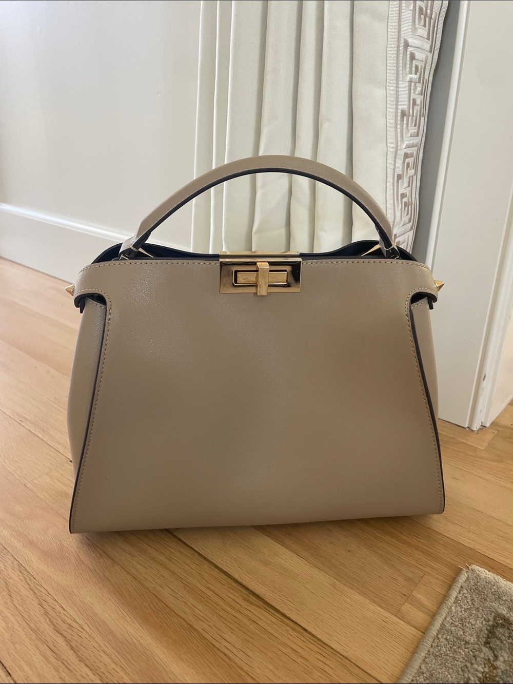 Top-Handle Taupe Leather Satchel - Elegant Everyday Bag Peekaboo style